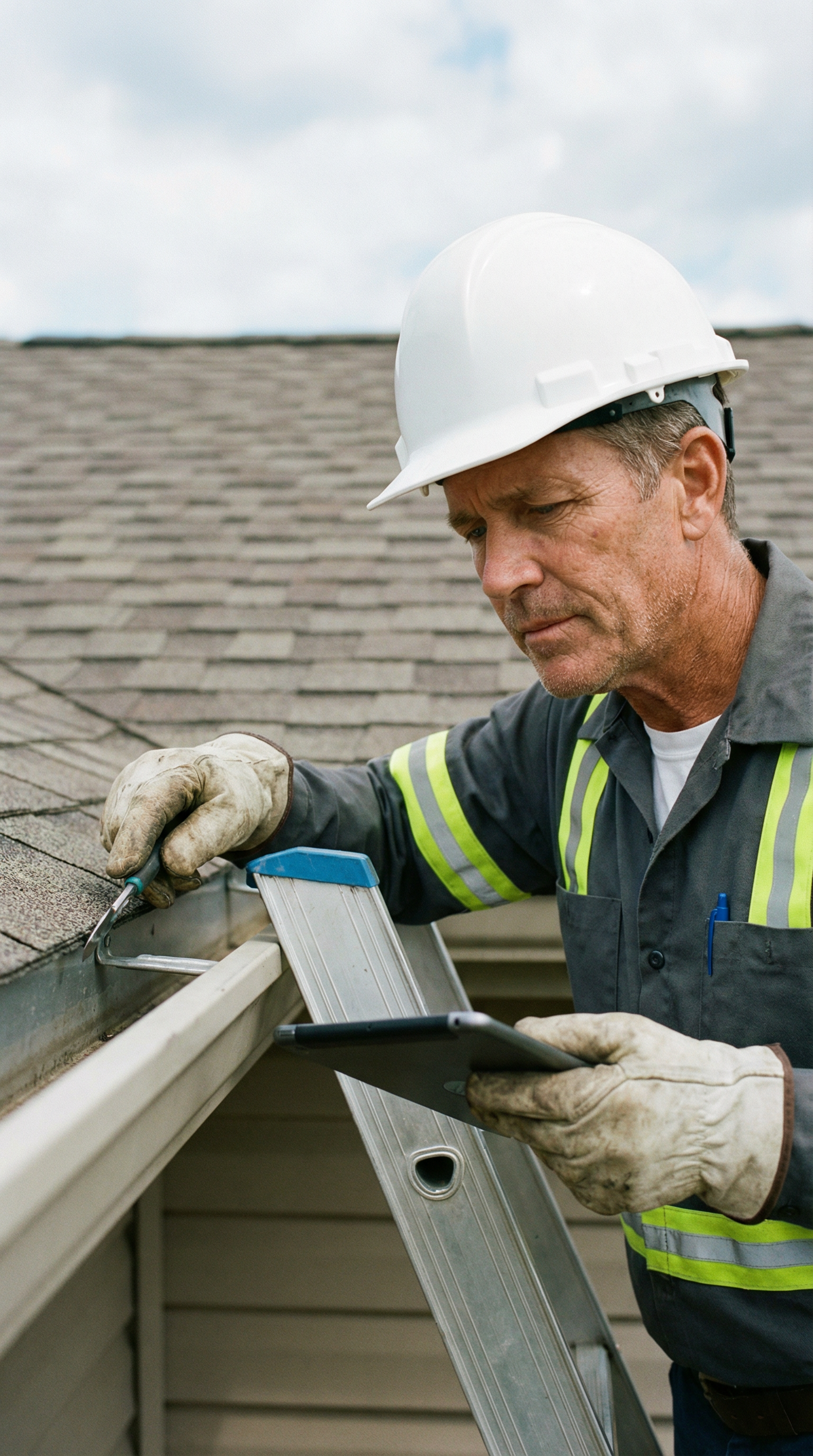 Profissional especializado da Calhas Tec realizando manutenção em telhado com equipamentos de segurança